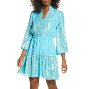 Lilly Pulitzer Nwot Joella Silk Mini Long Sleeve Metallic A Line Bermuda Blue 14